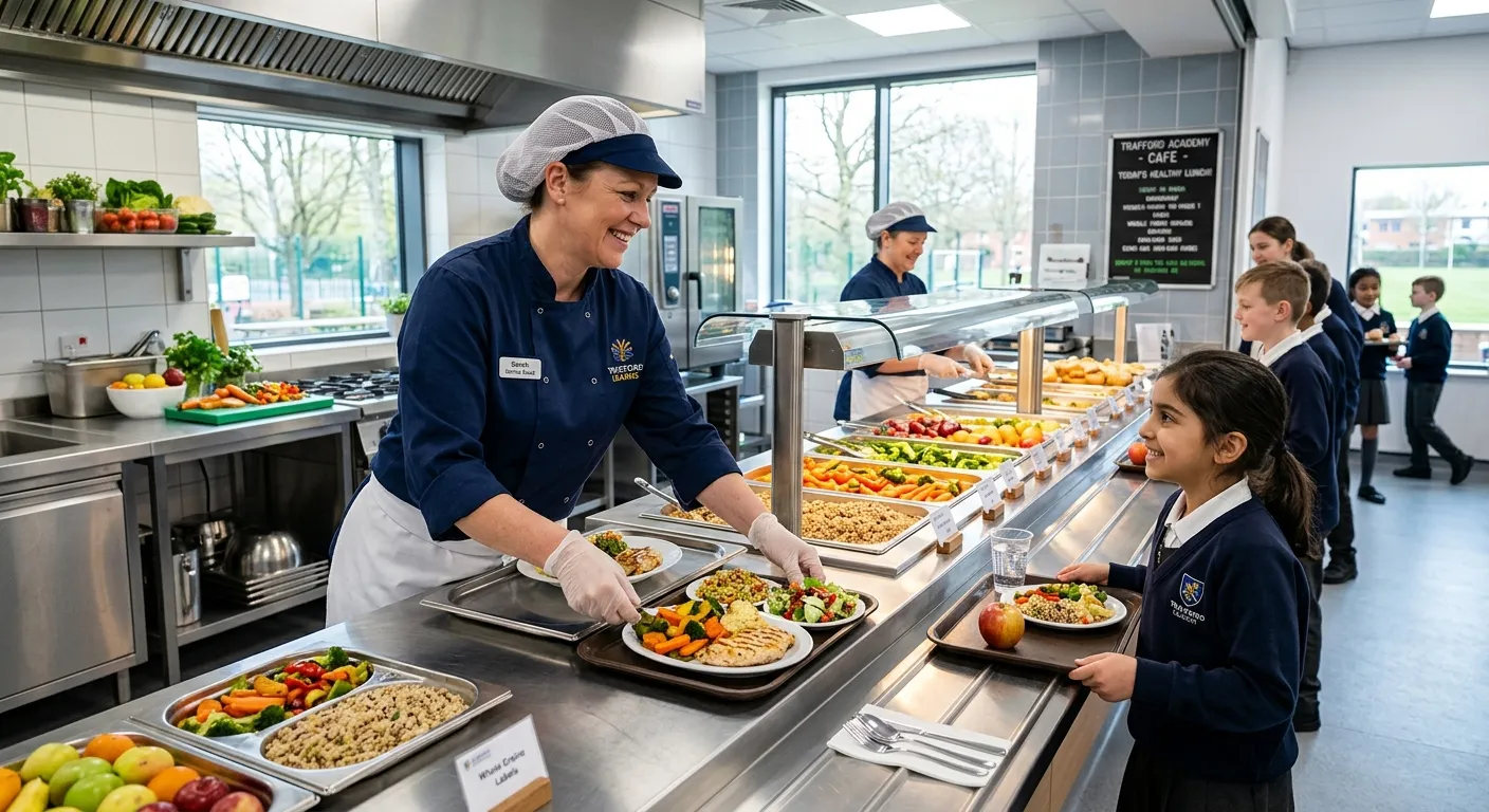 A professional, welcoming school kitchen in a Trafford Park educational setting, featuring a smiling... A professional, welcoming school kitchen in a Trafford Park educational setting, featuring a smiling cook in uniform plating healthy, colourful meals for students. Bright, clean, and modern atmosphere.