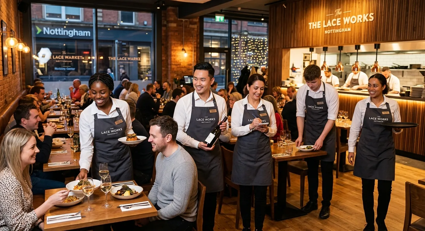 A professional, diverse team of waiters and waitresses in crisp uniforms providing excellent service in a modern, bustling restaurant in Nottingham city centre, showcasing a warm and energetic hospitality atmosphere.