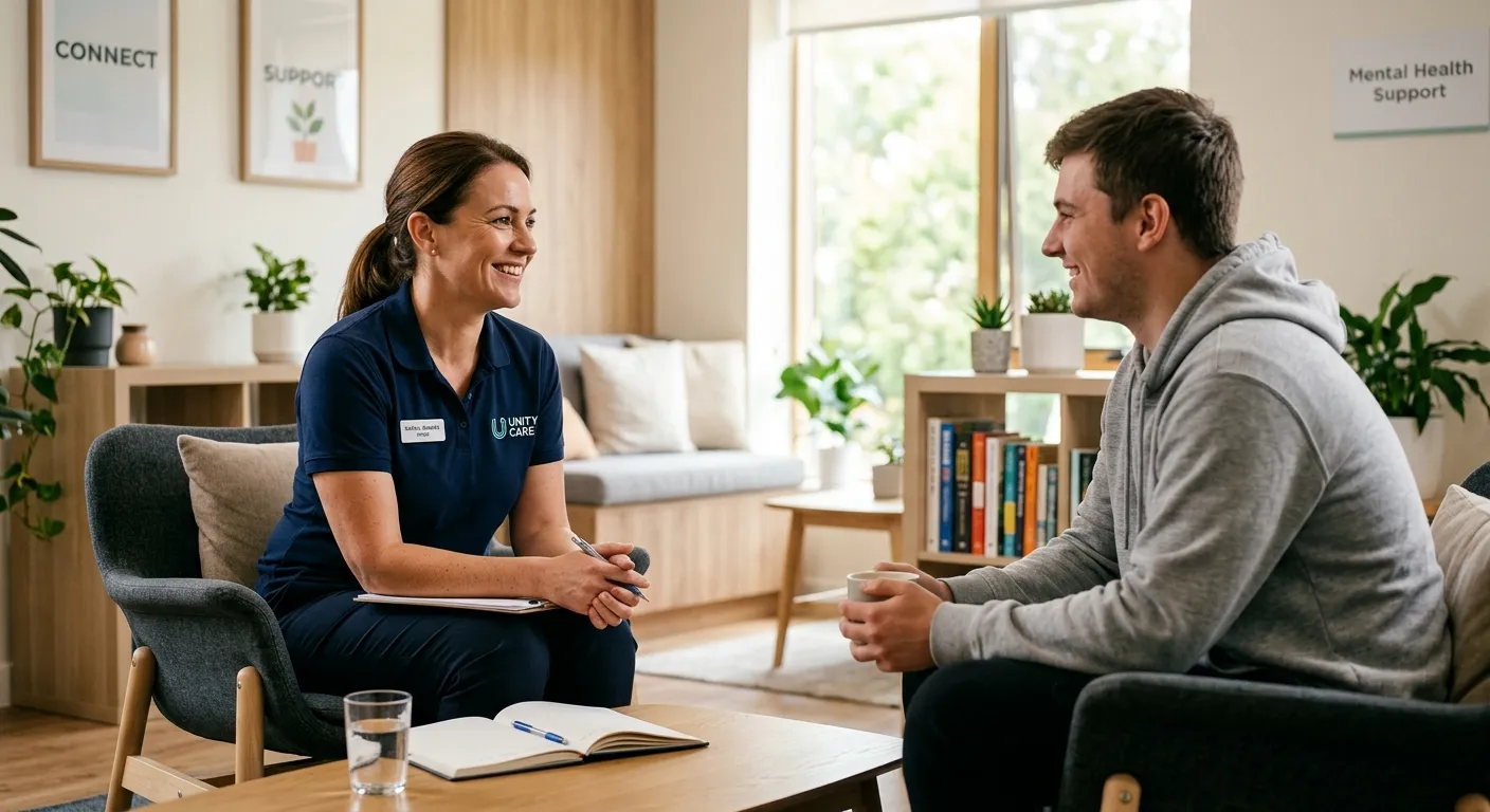A professional, empathetic photo of a Mental Health Support Worker in a calm, modern care setting, smiling while engaging with a client. The mood is supportive, trustworthy, and professional, with a focus on human connection.