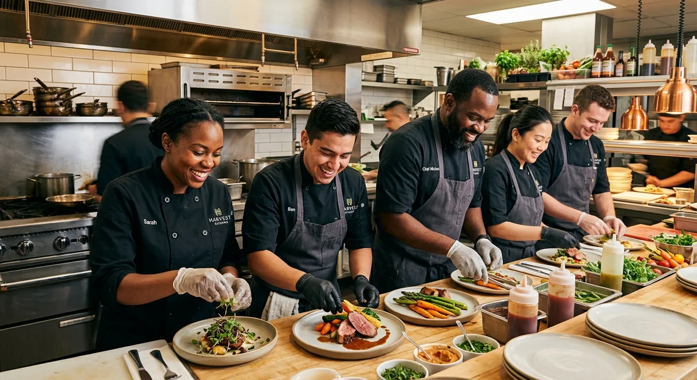High-energy, professional photo of a diverse catering team in a bright, modern kitchen. They are pla... High-energy, professional photo of a diverse catering team in a bright, modern kitchen. They are plating gourmet dishes, smiling, and collaborating. Warm, inviting lighting, action-oriented mood.