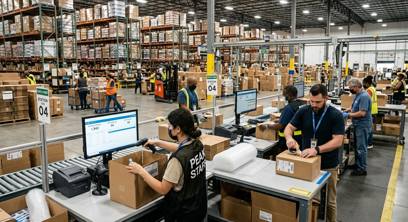 A dynamic, well-organized warehouse during a peak season, showing a diverse team of temporary and permanent staff working together at packing stations with visible technology like handheld scanners and monitor screens showing high order volumes.