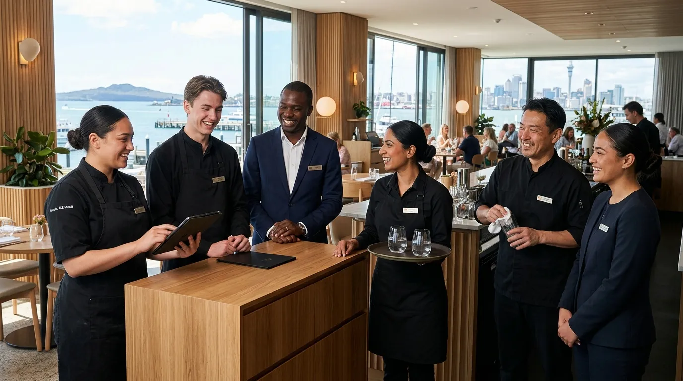 A dynamic, professional hero image showing a diverse team of hospitality professionals in a modern A... A dynamic, professional hero image showing a diverse team of hospitality professionals in a modern Auckland restaurant or hotel lobby, smiling and collaborating, with a clean and bright aesthetic.
