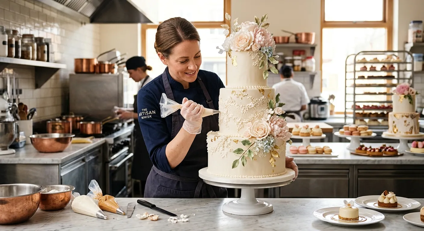 A professional pastry chef meticulously decorating an elaborate wedding cake in a bright, high-end kitchen, focus on skilled hands and finished desserts. Mood: Inspiring, precise, and professional.