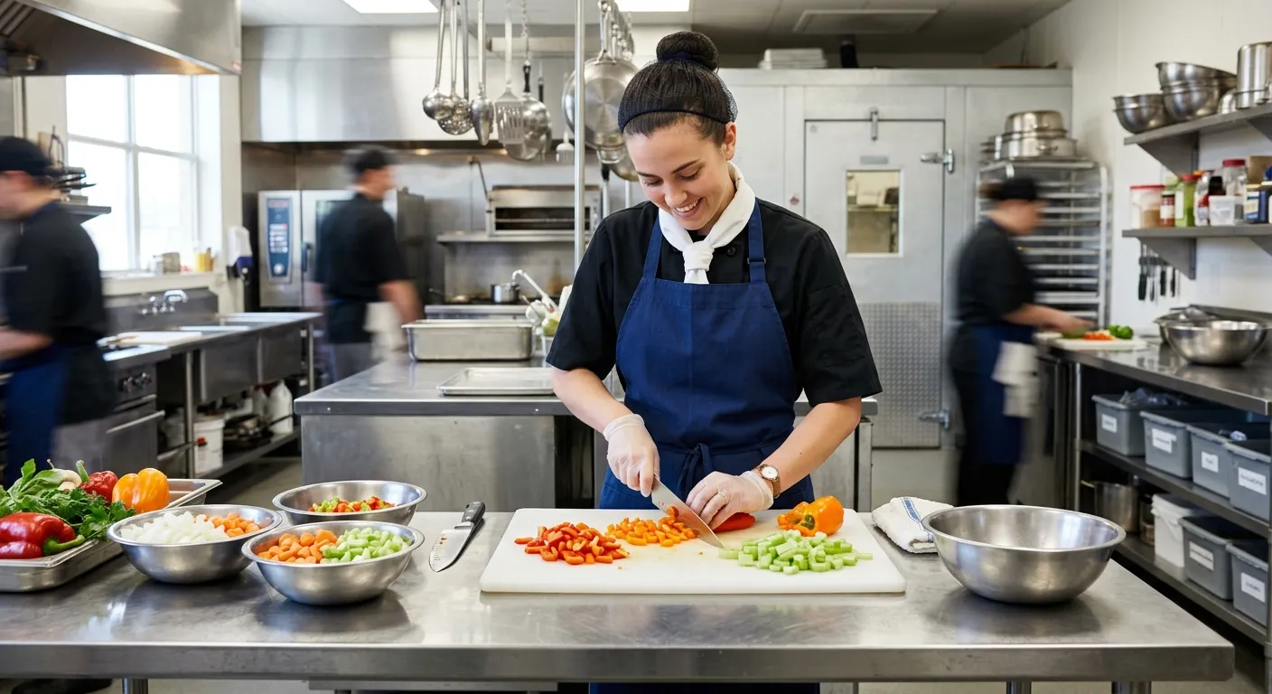 A Kitchen Assistant in a clean apron meticulously chopping fresh vegetables on a stainless steel pre... A Kitchen Assistant in a clean apron meticulously chopping fresh vegetables on a stainless steel prep table in a well-lit commercial kitchen
