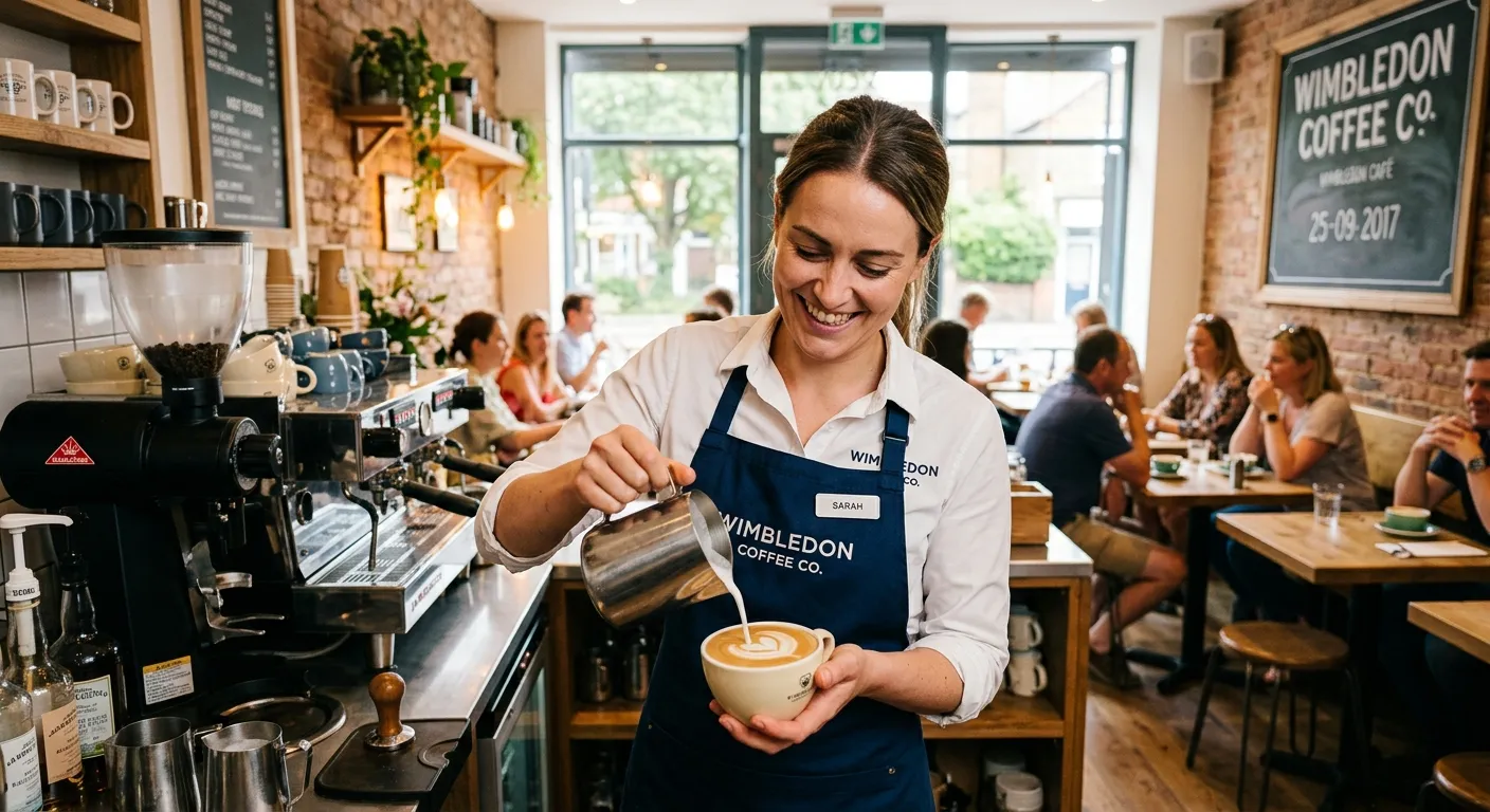A professional, smiling barista in a clean, modern Wimbledon café, expertly crafting a latte art heart on a coffee. The atmosphere is bright, welcoming, and bustling with local customers. Style: Professional hospitality photography, warm tones.