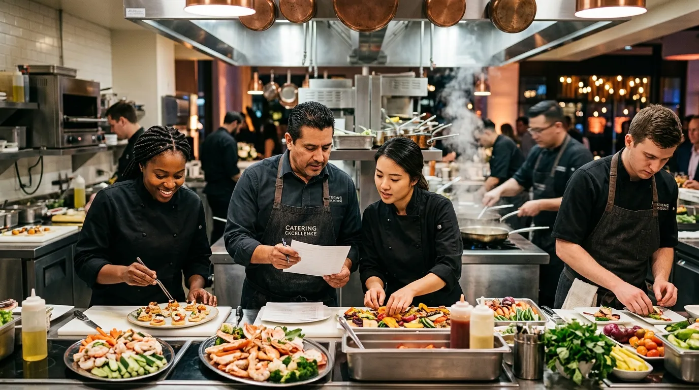 A dynamic, professional hero image showing a diverse team of catering staff in a modern kitchen or at a large event. The mood is energetic, efficient, and high-quality, with warm lighting highlighting the food and teamwork.