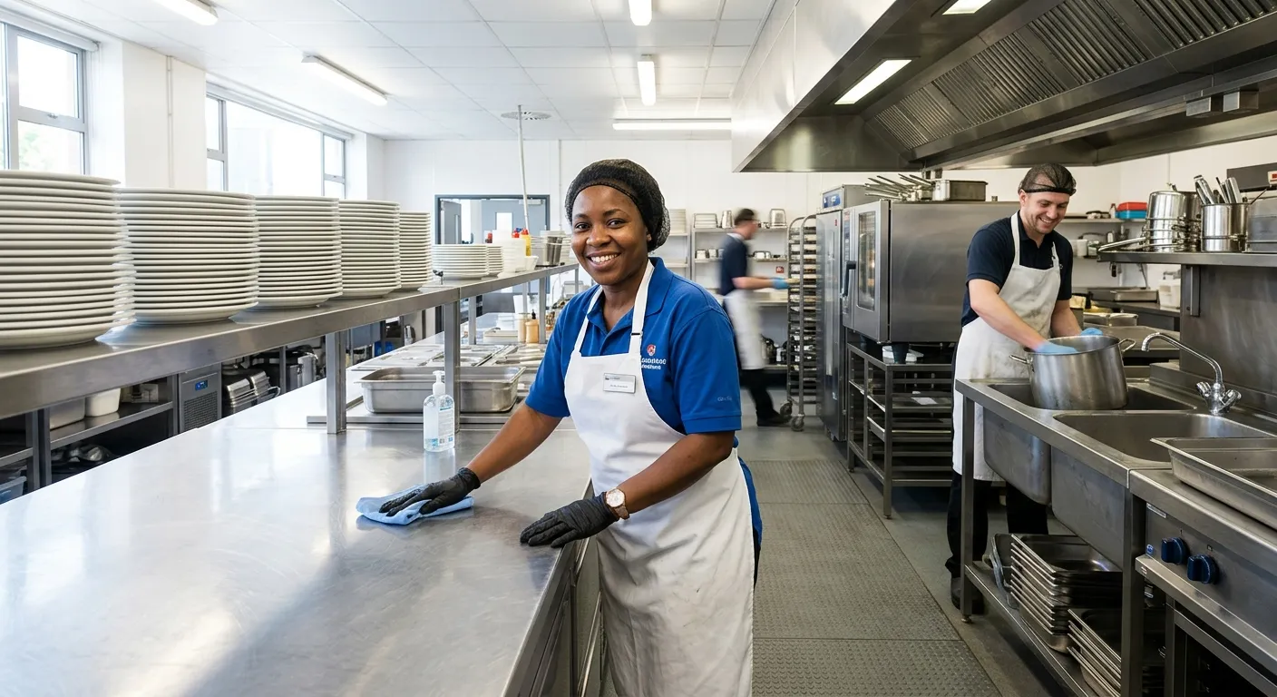 A dynamic, wide-angle photo of a busy industrial staff canteen kitchen during a lull after lunch service. A Kitchen Assistant in a white apron is smiling while wiping down a stainless steel counter, with clean plates stacked in the background. The image conveys cleanliness, teamwork, and a sense of accomplishment.