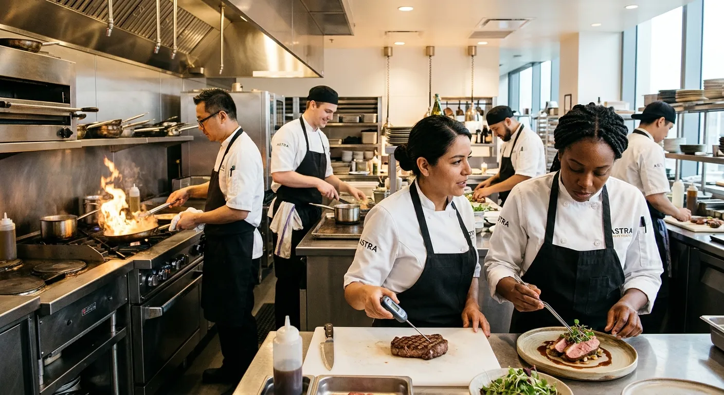 A professional, high-energy kitchen scene with a diverse team of chefs working seamlessly together. One chef is plating a gourmet dish, another is checking temperatures. The mood is focused, collaborative, and high-end. Shot in a bright, modern restaurant kitchen.