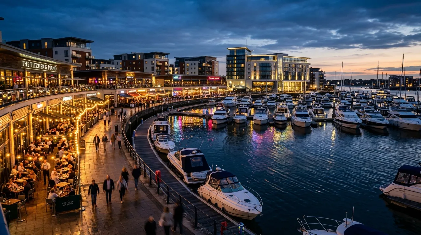 A dynamic, wide-angle photo of Southampton's Ocean Village marina at dusk, with restaurant lights reflecting on the water, conveying a vibrant hospitality scene.