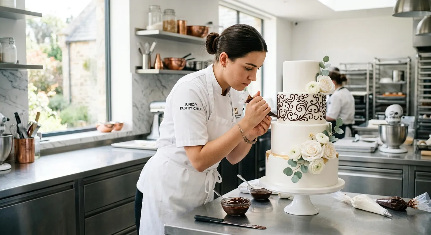 A modern, clean kitchen where a focused Junior Pastry Chef in a crisp white apron is meticulously piping intricate chocolate decorations onto a multi-tiered wedding cake, with natural light from a large window highlighting the fine details. Professional, aspirational mood.