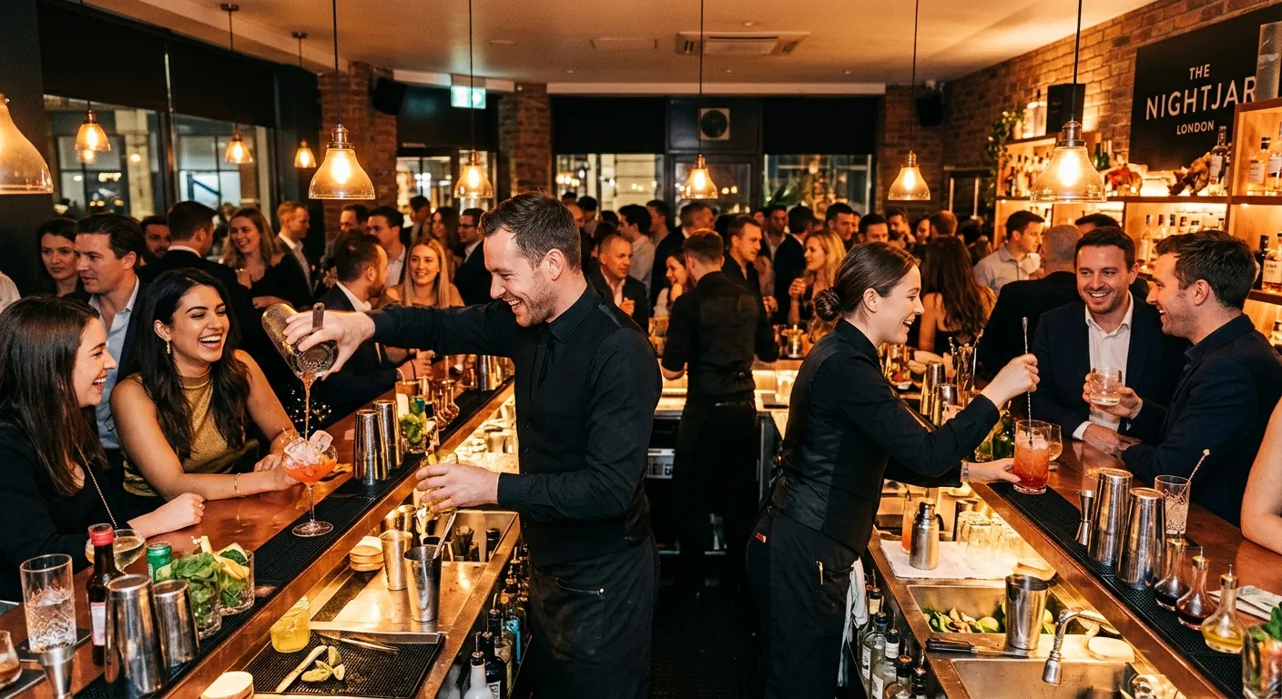Dynamic hero image of a sleek, busy London cocktail bar at peak hour. Professional bartenders in crisp black uniforms craft drinks with precision, interacting with happy customers. The mood is vibrant, energetic, and sophisticated, showcasing a high-end hospitality environment.