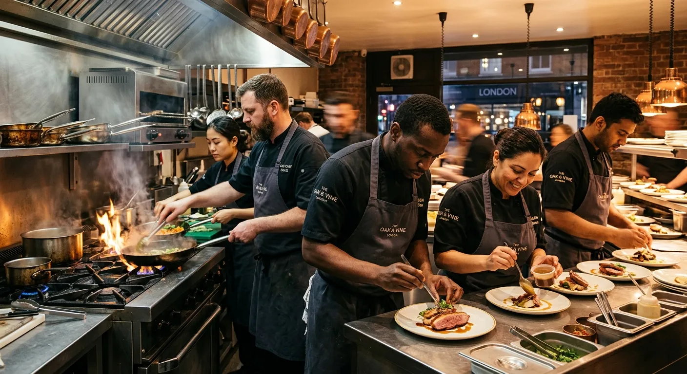 A dynamic, professional shot of a diverse team of chefs in a high-end London kitchen, working in har... A dynamic, professional shot of a diverse team of chefs in a high-end London kitchen, working in harmony. The mood is energetic, skilled, and focused. Shot from a low angle with warm lighting on the food and crisp, modern kitchen equipment visible.