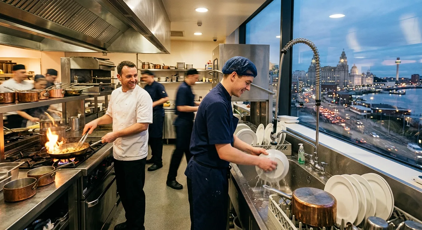 A dynamic, professional kitchen scene in a busy Liverpool restaurant or event venue. A Kitchen Porte... A dynamic, professional kitchen scene in a busy Liverpool restaurant or event venue. A Kitchen Porter in clean uniform is efficiently washing dishes and assisting the chef. The image has a warm, vibrant tone, conveying energy and teamwork. Focus on Liverpool landmarks or skyline visible through a window.