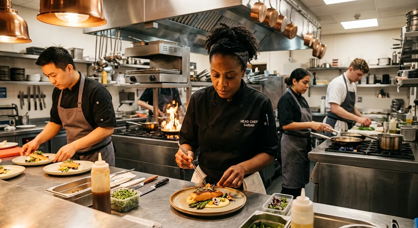 A diverse, professional kitchen team in action, featuring a head chef plating a dish with precision. Warm, inviting lighting, professional uniforms, and a modern stainless-steel kitchen background.