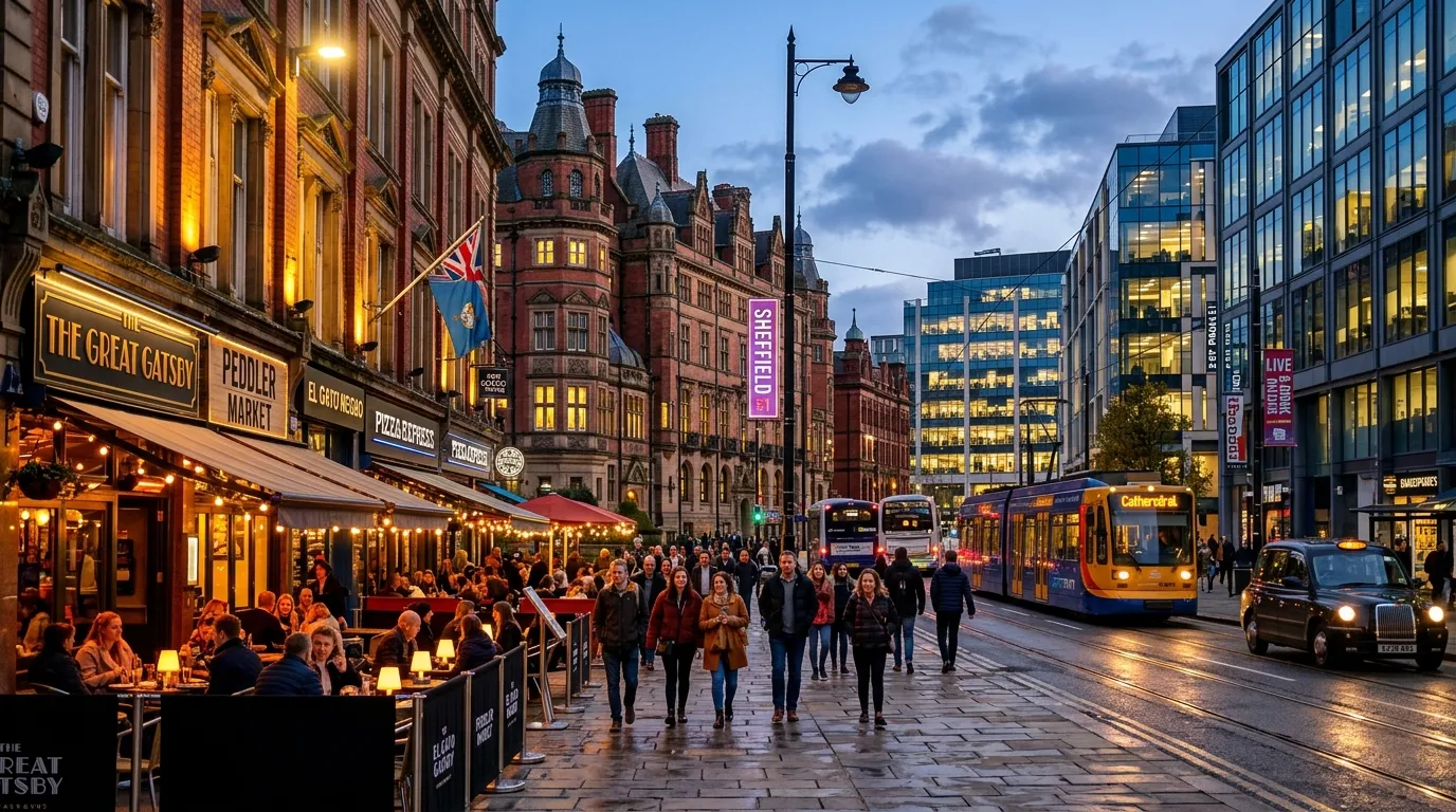 A vibrant, wide-angle photo of a bustling Sheffield S1 street scene in the early evening, showing a mix of modern office buildings, historic architecture, and well-lit restaurant fronts with outdoor seating.