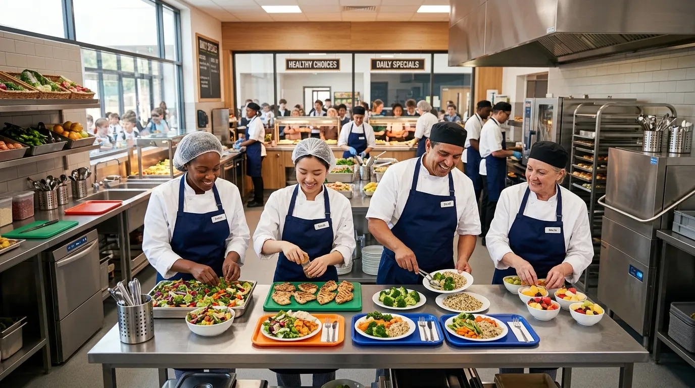 A dynamic, professional hero image showing a diverse team of kitchen staff in a modern school canteen kitchen, preparing healthy meals. The mood is energetic, hygienic, and collaborative, with warm lighting highlighting the food and teamwork.