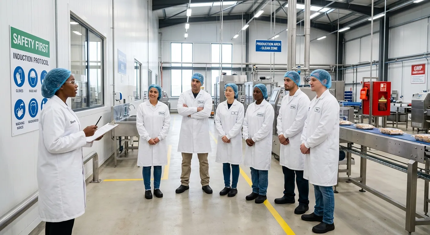 A diverse group of food production workers in clean white hygiene coats and hairnets, being given a safety induction by a supervisor in a modern, bright factory facility. Style: professional, clean, well-lit.