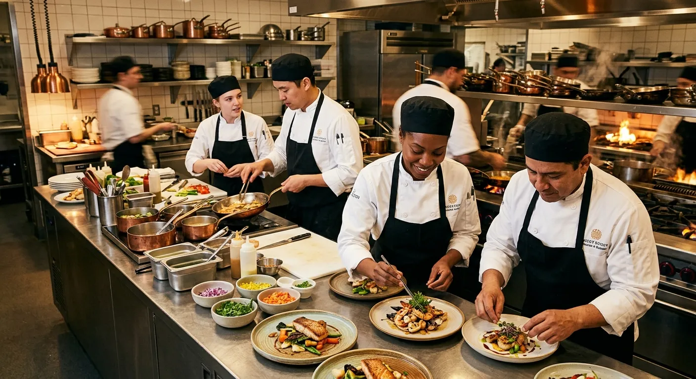 A dynamic, professional kitchen scene. A diverse team of chefs in crisp whites works collaboratively... A dynamic, professional kitchen scene. A diverse team of chefs in crisp whites works collaboratively over stainless steel counters. The mood is energetic, precise, and modern, with warm lighting highlighting the food.