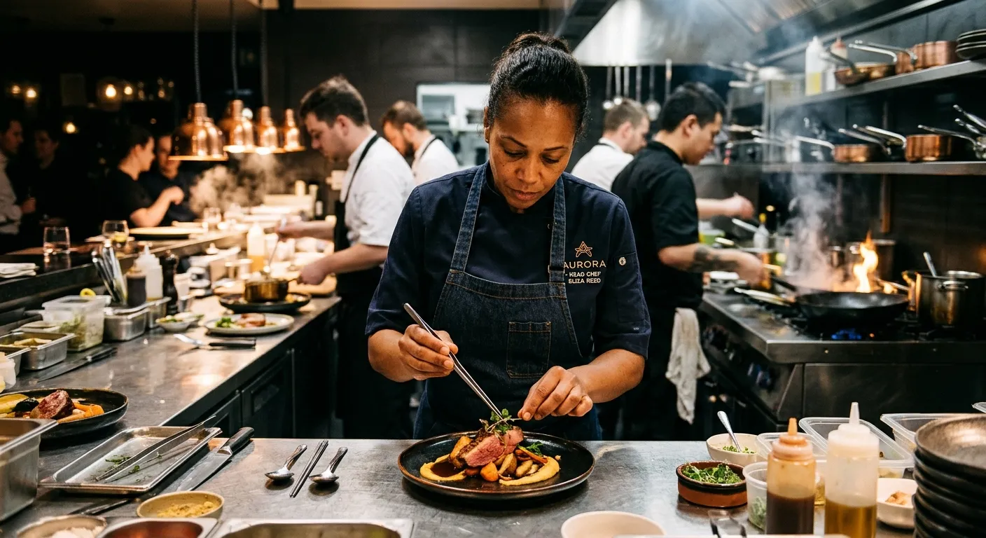 A dynamic, professional shot of a Head Chef in a modern, bustling kitchen, confidently plating a dis... A dynamic, professional shot of a Head Chef in a modern, bustling kitchen, confidently plating a dish. The mood is authoritative, energetic, and focused, with warm lighting highlighting the precision and skill involved.
