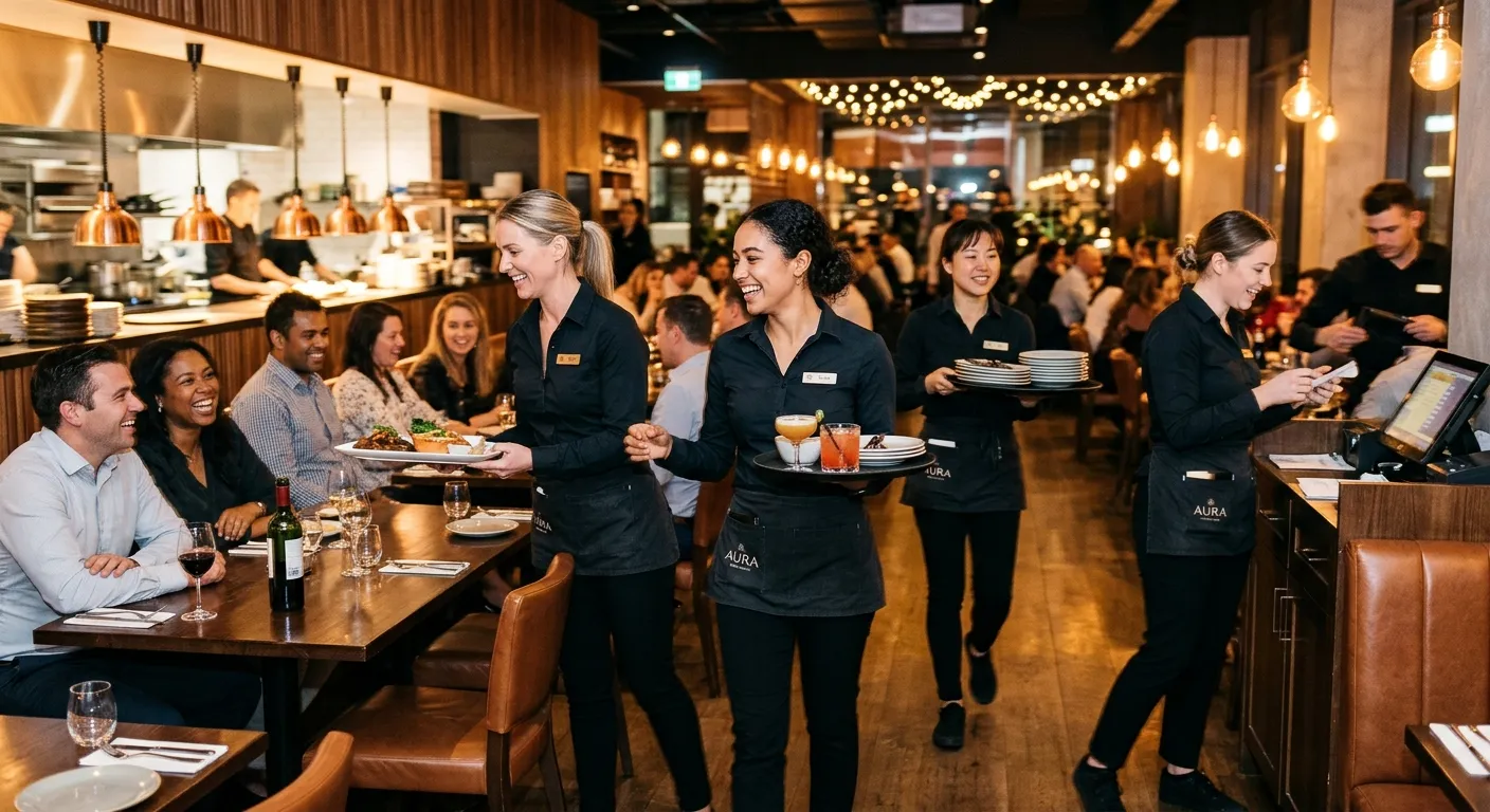 A dynamic, high-energy shot of a professional waitress team in a modern restaurant or bustling event... A dynamic, high-energy shot of a professional waitress team in a modern restaurant or bustling event setting, smiling and providing impeccable service. Style: Professional, vibrant, with a focus on teamwork and efficiency. Mood: Confident, energetic, and upscale.