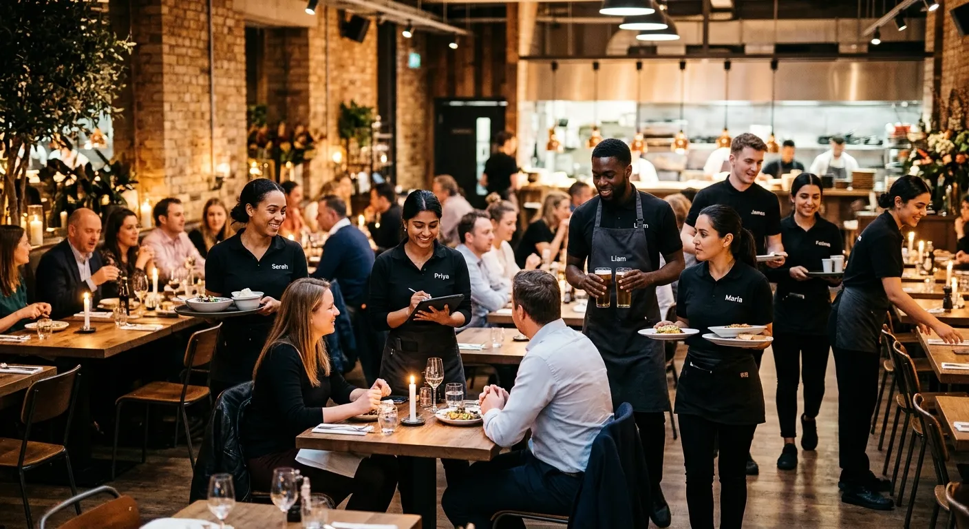 A dynamic, professional photo of a diverse team of Restaurant Assistants and Waiters in a modern, high-end Shoreditch restaurant setting, working together seamlessly during a busy service. The mood is energetic, professional, and welcoming, highlighting teamwork and excellent customer service.