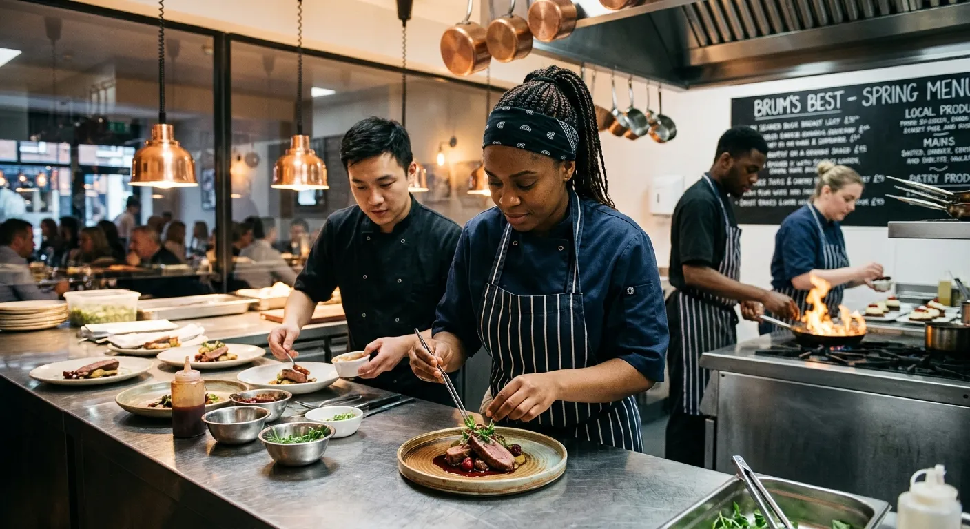 A professional, diverse kitchen team in a modern Birmingham restaurant, a Chef de Partie confidently plating a dish, with warm lighting highlighting the action and skill. Style: Authentic, high-energy hospitality.