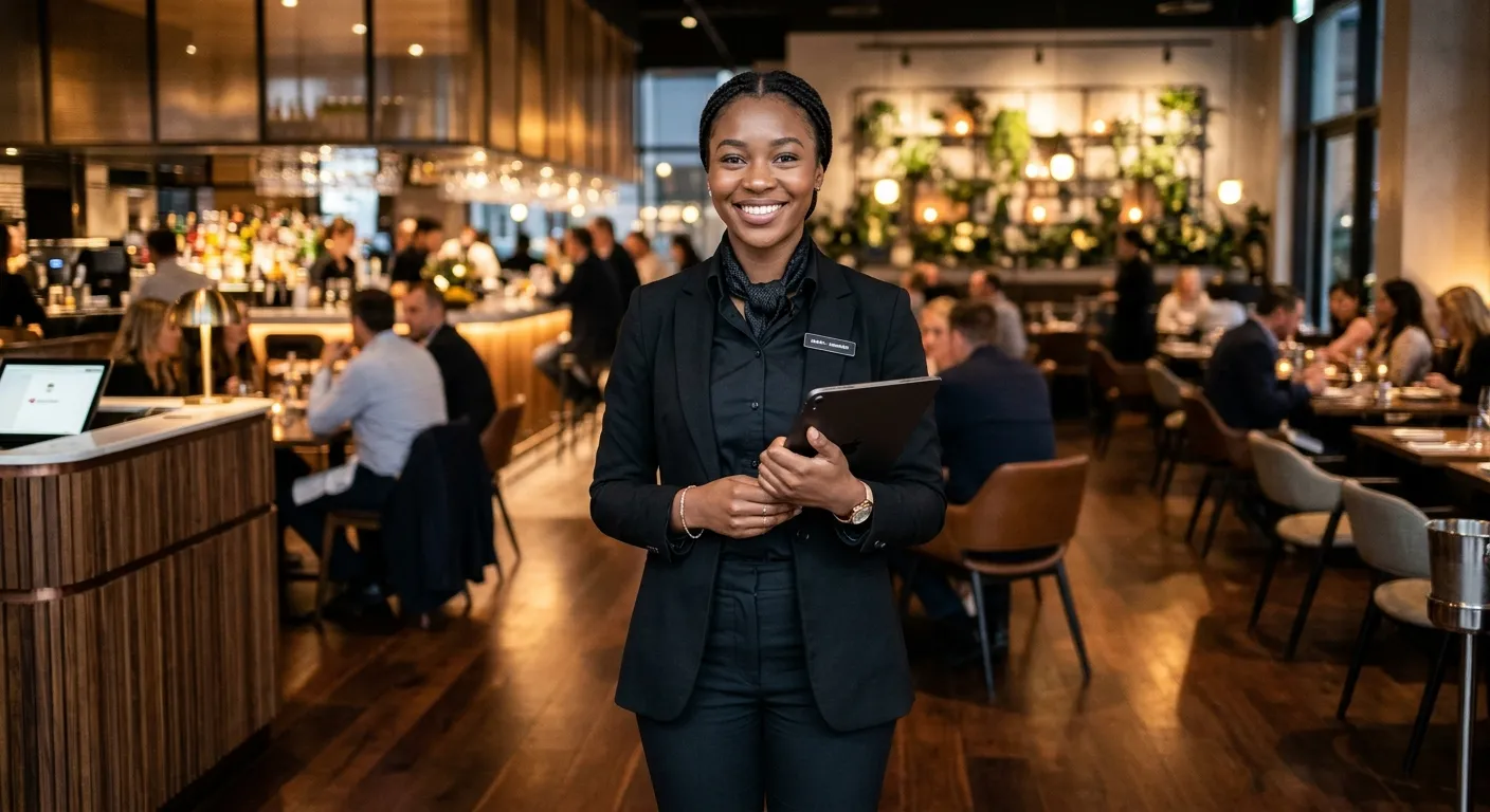 A professional, smiling hospitality worker in a smart black uniform holding a tablet, standing confidently in a modern restaurant, symbolising career progression.