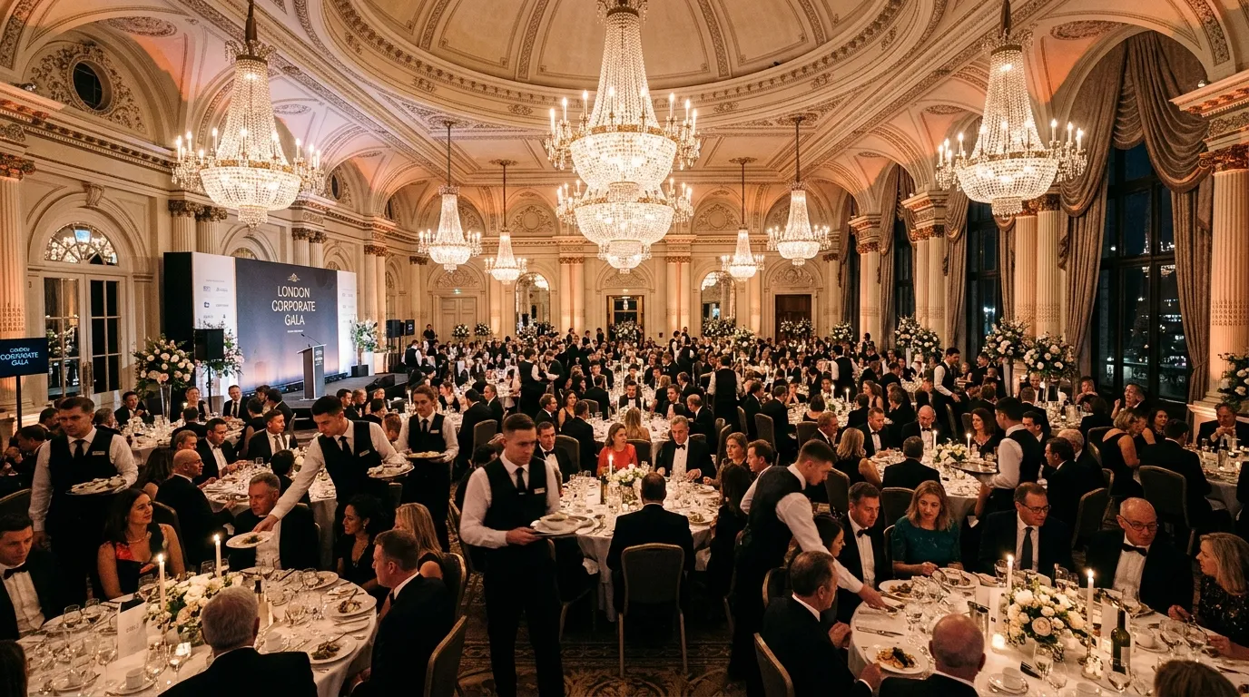A wide-angle, elegantly staged photo of a corporate gala in a London ballroom, showing uniformed wai... A wide-angle, elegantly staged photo of a corporate gala in a London ballroom, showing uniformed wait staff seamlessly serving a large number of seated guests under sparkling chandeliers.