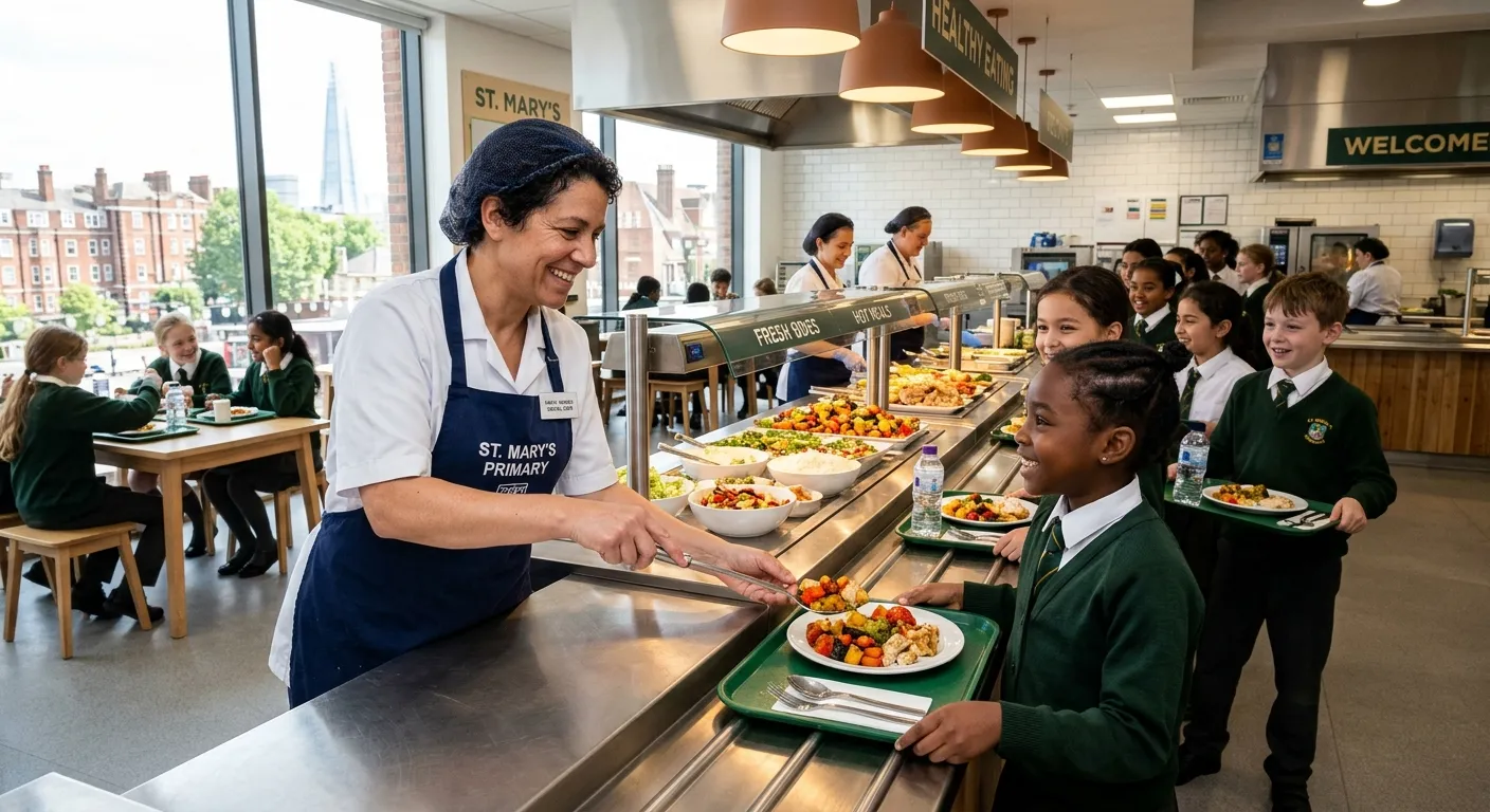 A professional, welcoming photo of a school cook smiling while serving fresh, healthy meals to stude... A professional, welcoming photo of a school cook smiling while serving fresh, healthy meals to students in a modern, bright school kitchen in London. The mood is warm, hygienic, and professional.