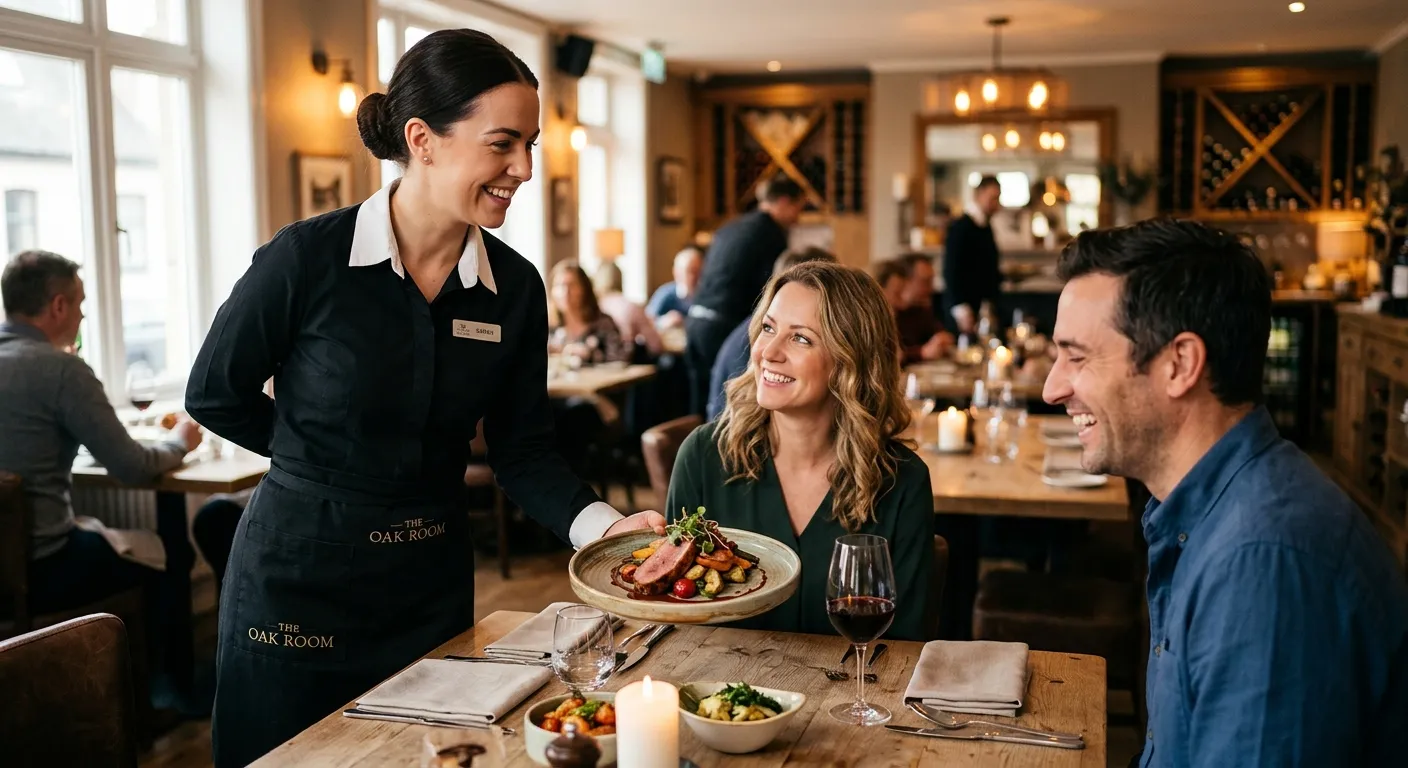 A professional, smiling waitress in a crisp uniform elegantly presenting a dish to satisfied customers at a well-lit restaurant table, conveying excellent service and a warm atmosphere.