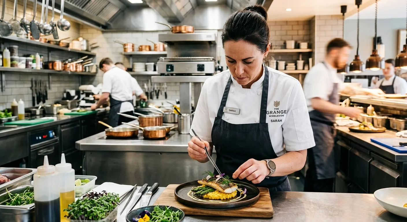 Professional and vibrant kitchen scene in Wimbledon. A focused Sous Chef in a crisp white jacket gar... Professional and vibrant kitchen scene in Wimbledon. A focused Sous Chef in a crisp white jacket garnishes a plate in a modern, well-lit restaurant kitchen, conveying skill, energy, and a premium hospitality environment.