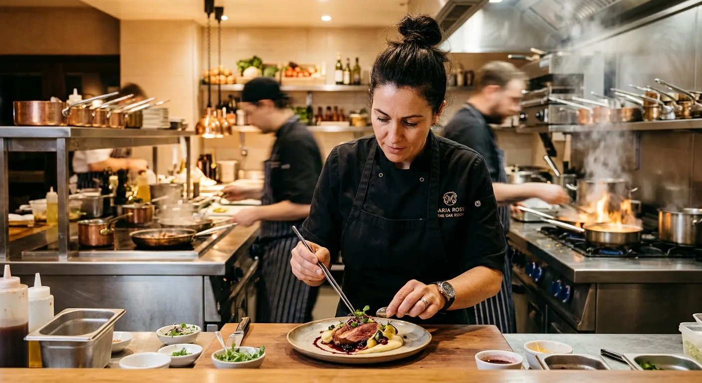 A professional, high-energy shot of a Head Chef in a modern, stainless-steel kitchen, confidently plating an exquisite dish. Focus on their leadership posture, with a sense of authority and creativity in the bustling kitchen environment.