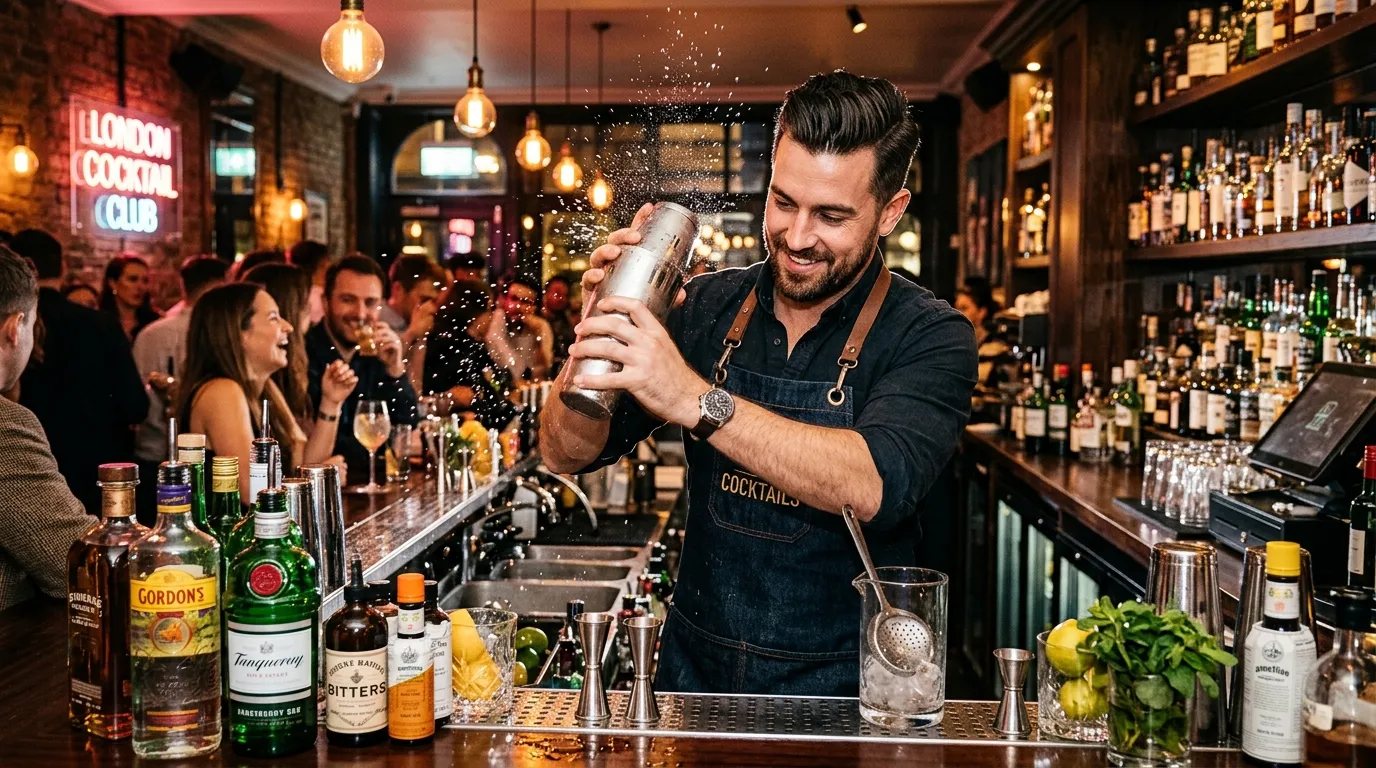 A dynamic, high-energy hero image of a professional bartender in a stylish London cocktail bar, expe... A dynamic, high-energy hero image of a professional bartender in a stylish London cocktail bar, expertly crafting a drink. The mood is vibrant, modern, and professional, showcasing the fast-paced hospitality environment.