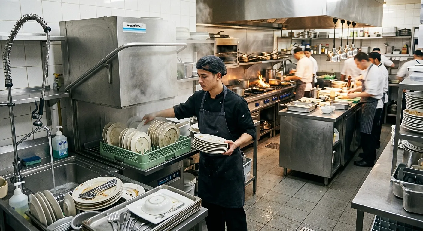 A bustling, well-organized commercial kitchen during a busy dinner service, with a Kitchen Porter loading an industrial dishwasher in the foreground