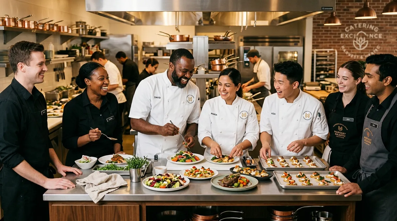 A professional, dynamic hero image showing a diverse team of chefs and catering staff in a modern, high-end kitchen, smiling and collaborating. Style: Editorial, warm tone. Mood: Professional, energetic, and successful.