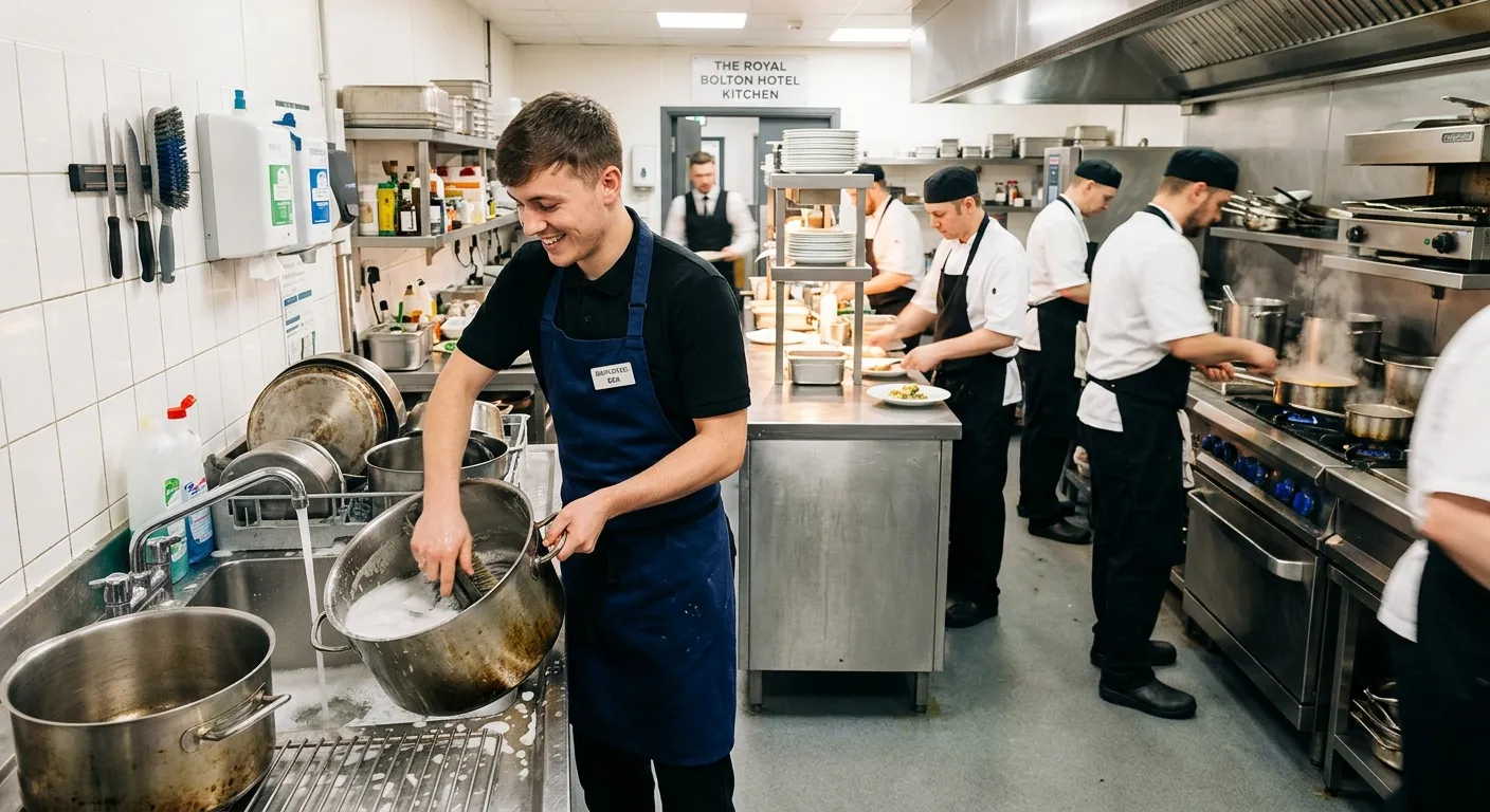 A dynamic, professional kitchen scene in a busy hotel or event venue in the Bolton area. Focus on a Kitchen Porter in action, wearing a clean apron, washing large pots with a backdrop of chefs at work. Style: Bright, realistic, and aspirational. Mood: Professional, efficient, and welcoming.
