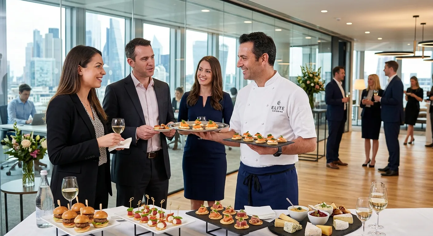 A high-end corporate catering setup in a modern glass-walled office. Elegant platters of canapés and a chef in a crisp white jacket presenting food to well-dressed professionals. Style: Professional, bright, aspirational.