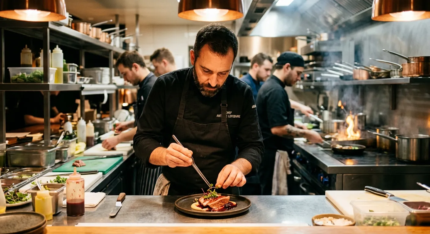 A professional, high-energy kitchen scene. A head chef is plating a sophisticated dish in a modern restaurant kitchen, surrounded by focused line cooks. The mood is vibrant, skilled, and efficient. Style: Editorial photography, shallow depth of field, warm lighting.
