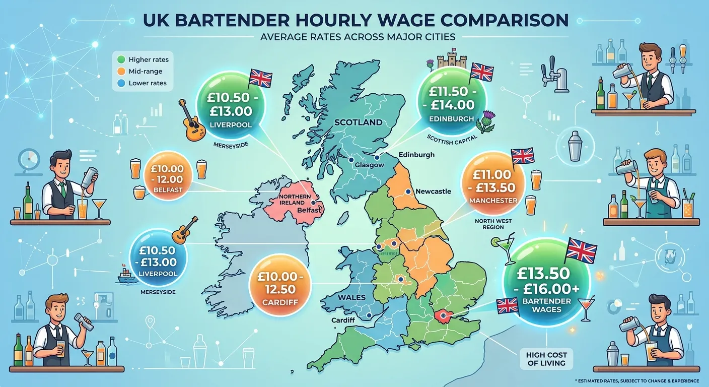 An infographic-style image showing a map of the UK with different hourly wage bubbles over key cities like London, Manchester, Liverpool, and Edinburgh, comparing bartender pay rates.