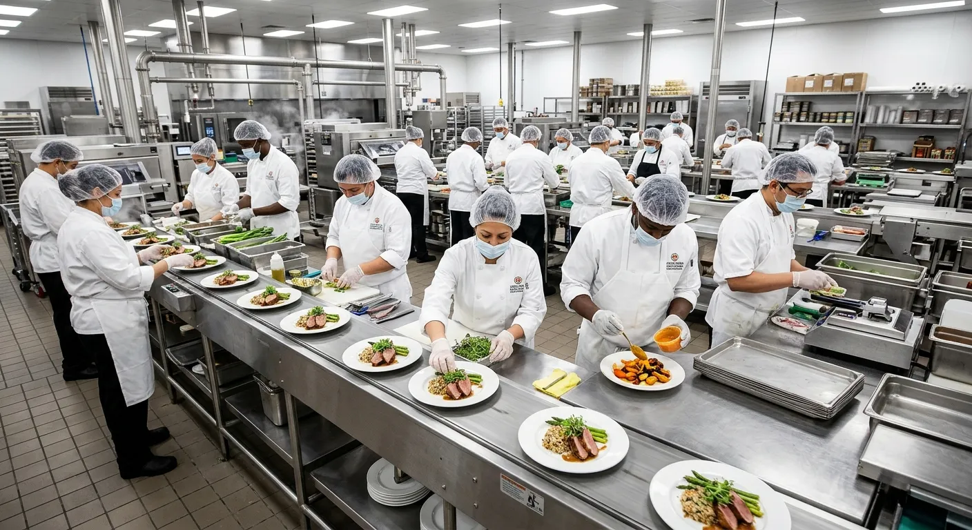 A dynamic, high-contrast image of a modern food production facility kitchen. A diverse team of chefs... A dynamic, high-contrast image of a modern food production facility kitchen. A diverse team of chefs and food technicians in crisp uniforms collaborate on a production line, plating gourmet meals. The mood is professional, efficient, and highlights the scale of modern food manufacturing.