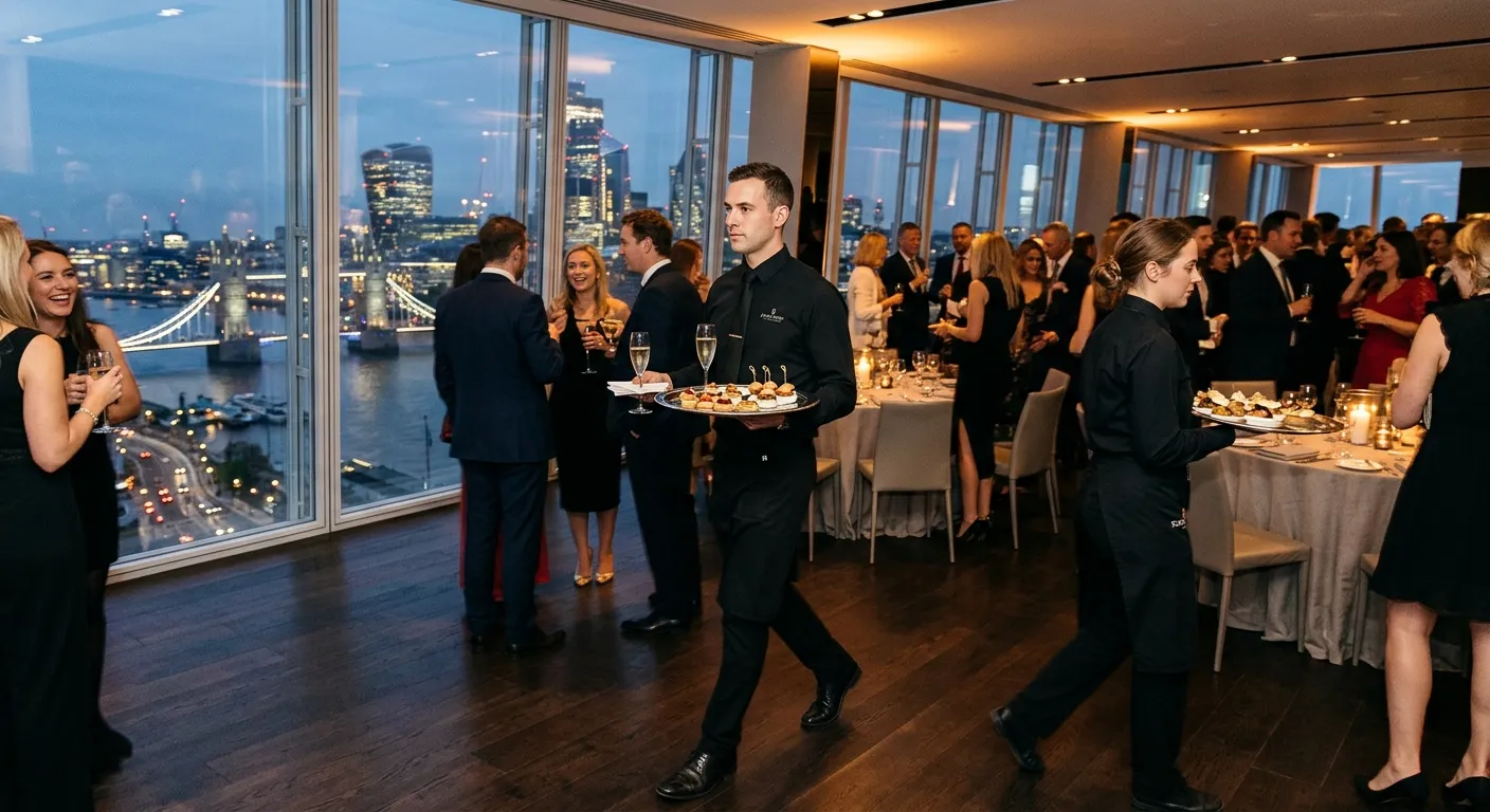 A dynamic, professional photograph of a high-end London catering event. Well-dressed waiting staff move gracefully through a modern venue, carrying silver platters against a backdrop of iconic London skyline visible through large windows. The mood is elegant, fast-paced, and professional.