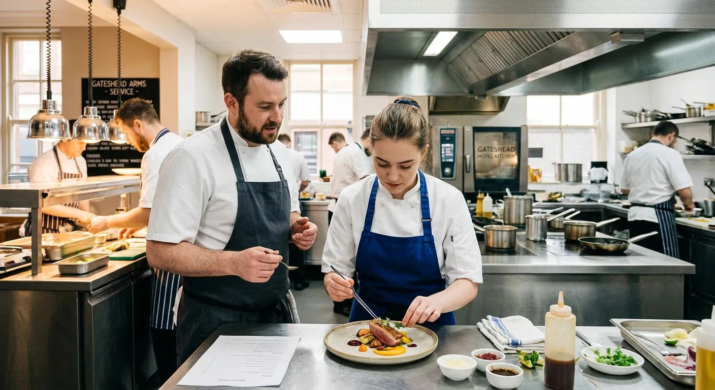 A professional, well-lit kitchen in a Gateshead hotel or event venue, featuring a Commis Chef in cri... A professional, well-lit kitchen in a Gateshead hotel or event venue, featuring a Commis Chef in crisp whites carefully plating a dish, with a Sous Chef in the background offering guidance. The mood is professional, clean, and vibrant.