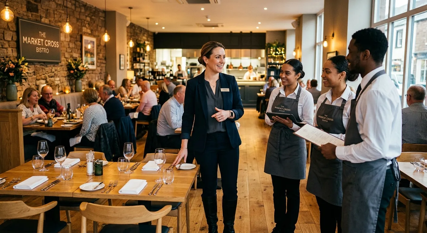 A professional, welcoming image of a modern restaurant manager in Carlisle, confidently leading a team in a stylish, well-lit dining area. Style: Warm, authentic, and inviting. Mood: Professional and aspirational.
