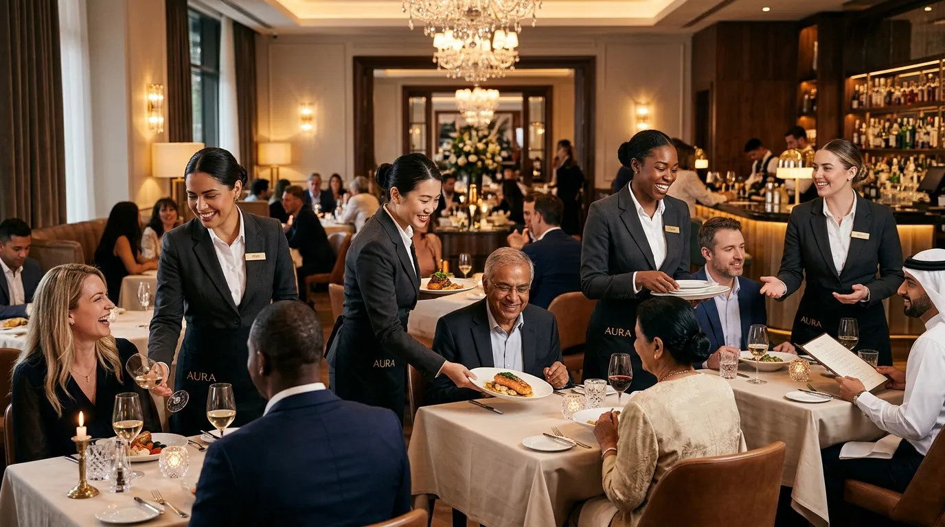 A dynamic, professional hero image of a diverse team of impeccably dressed waitresses in a high-end... A dynamic, professional hero image of a diverse team of impeccably dressed waitresses in a high-end restaurant setting, smiling and providing attentive service to guests. The mood is warm, efficient, and premium.