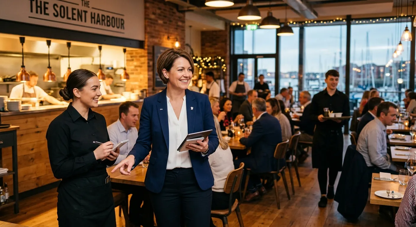 A professional, confident Restaurant Manager in a modern Southampton restaurant, smiling while overseeing service. Warm, inviting atmosphere, highlighting leadership and hospitality.