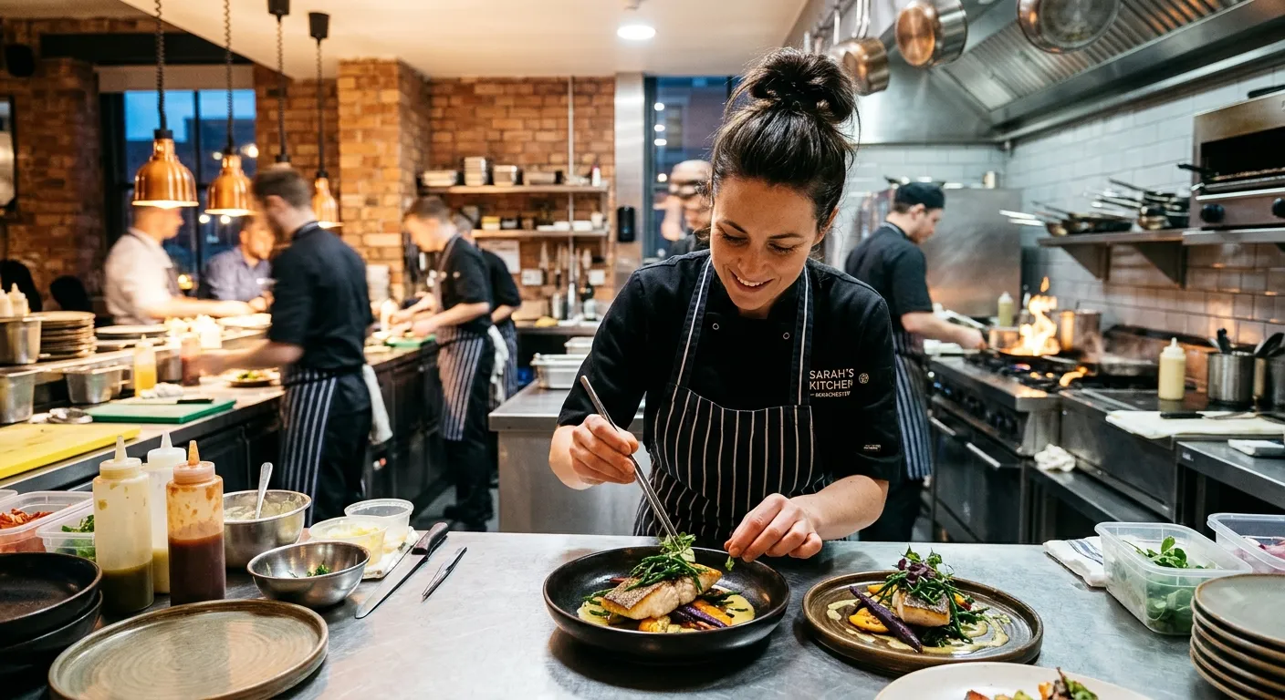 A professional, dynamic shot of a chef in a busy, modern Manchester kitchen, expertly plating dishes. The atmosphere is energetic and professional, with warm lighting highlighting the food. Style: Editorial, vibrant, and authentic.