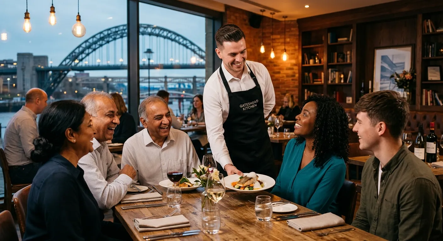 A professional, welcoming scene in a modern Gateshead restaurant. A smiling waiter in a crisp white shirt and black apron is attentively serving a beautifully presented dish to a diverse group of customers. The lighting is warm and the atmosphere is elegant yet relaxed, showcasing the front-of-house hospitality environment.