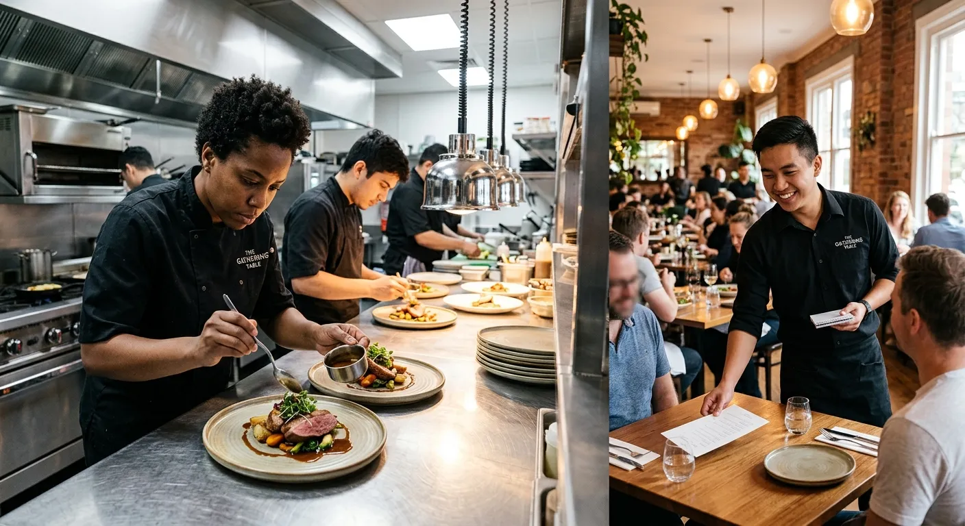 A dynamic, professional photo of a diverse restaurant team in action. A chef is plating a dish in a clean, modern kitchen, while a server smiles in a well-lit dining area. The mood is energetic, professional, and welcoming.