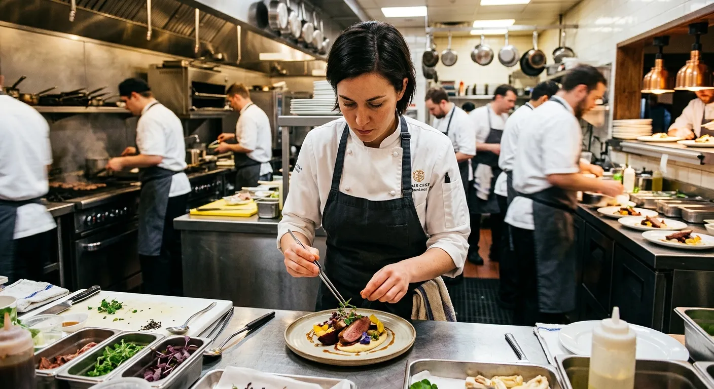 A dynamic, professional kitchen scene during a high-end catered event. A focused catering sous chef in crisp whites is plating an elegant dish, with a bustling team in the background. Style: Editorial, vibrant, professional. Mood: Busy, precise, high-stakes.