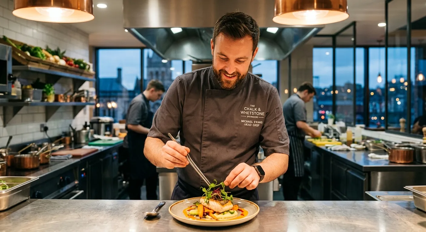 A professional, confident chef in a modern kitchen in Swindon, garnishing a plate. Style: Warm, invi... A professional, confident chef in a modern kitchen in Swindon, garnishing a plate. Style: Warm, inviting, professional hospitality photography. Mood: Skilled, precise, and ready for service.